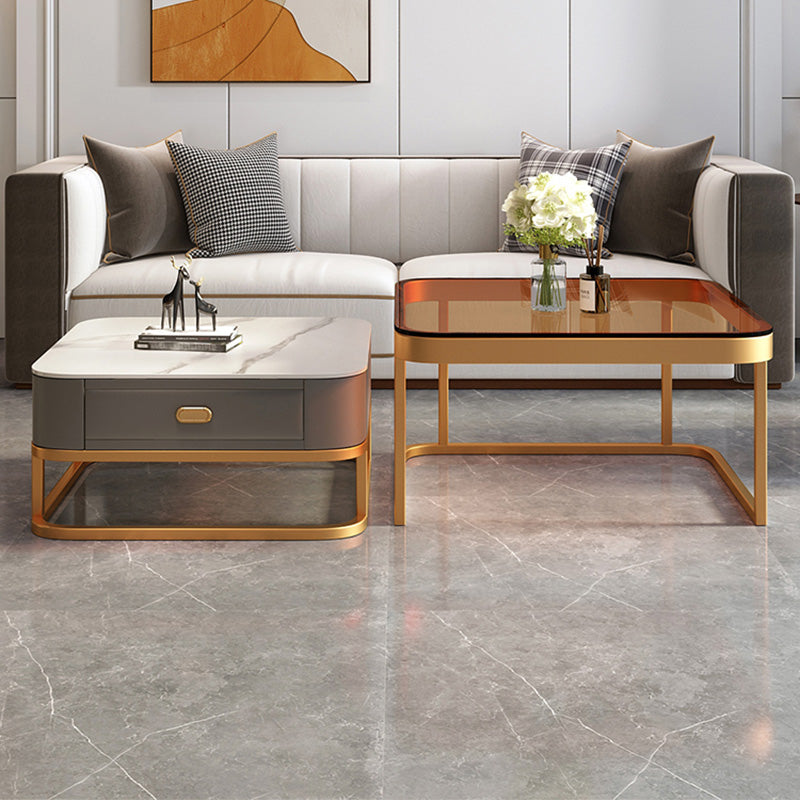 Glam Square Glass / Slate Coffee Table Metal Frame Cocktail Table with Drawer Clearhalo 'Coffee & Accent Tables' 'Coffee Tables' 'coffee_tables' 'furn' 'furn_coffee_tables' 'Furniture' 'Living Room Furniture' 6620372