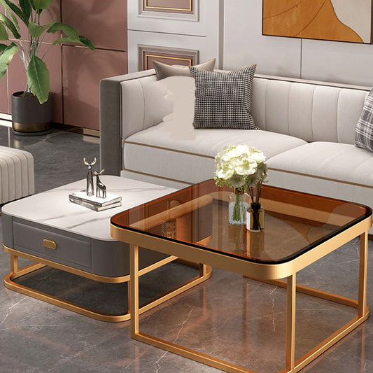 Glam Square Glass / Slate Coffee Table Metal Frame Cocktail Table with Drawer