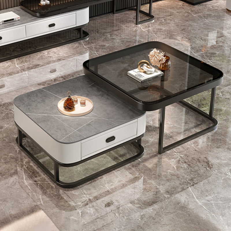 Glam Square Glass / Slate Coffee Table Metal Frame Cocktail Table with Drawer Clearhalo 'Coffee & Accent Tables' 'Coffee Tables' 'coffee_tables' 'furn' 'furn_coffee_tables' 'Furniture' 'Living Room Furniture' 6620376