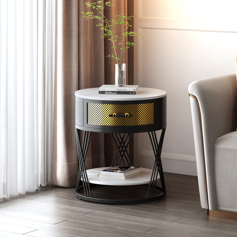 Round Side Table with 1 Drawer Metal Frame Side End Snack Table