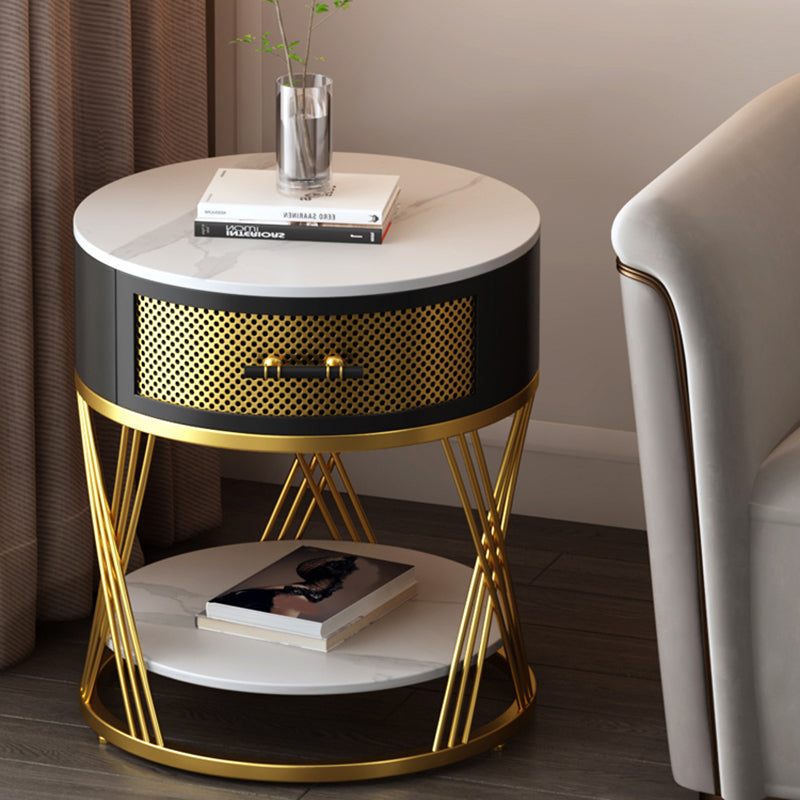 Round Side Table with 1 Drawer Metal Frame Side End Snack Table