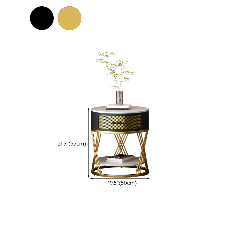 Round Side Table with 1 Drawer Metal Frame Side End Snack Table