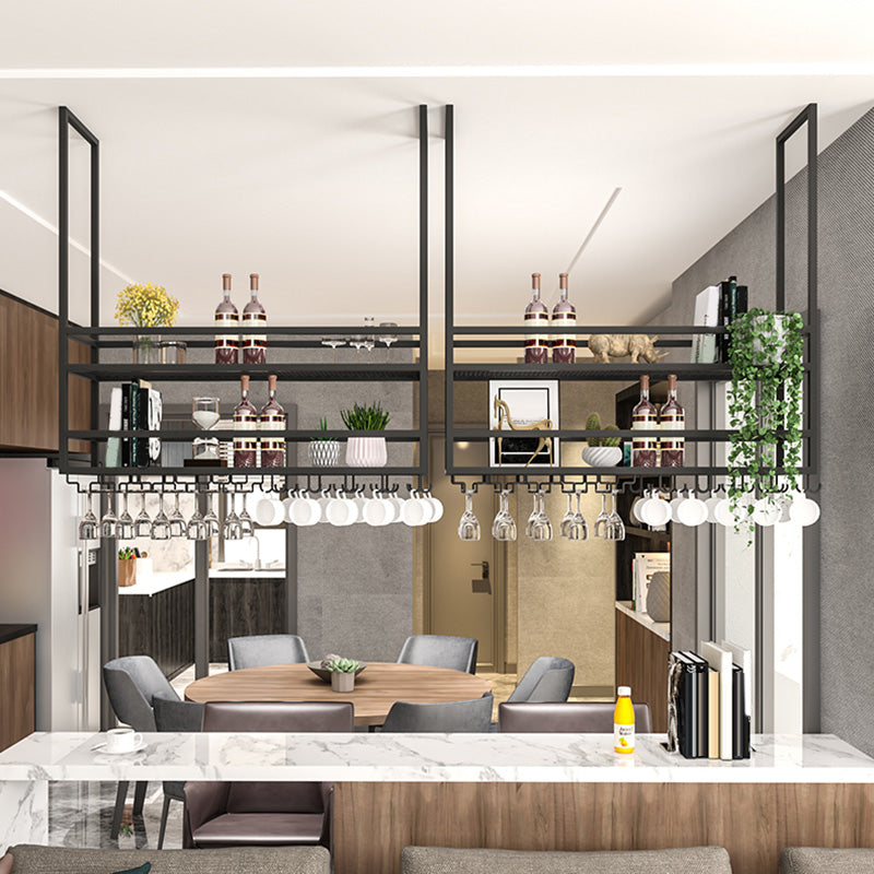 棚付きのメタルハンギングワイングラスラックモダンブラックワインホルダー