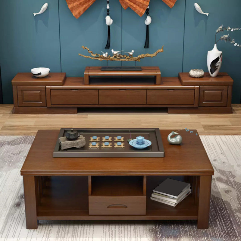 Consola multimedia vintage de madera de caucho con estantes abiertos y cajones