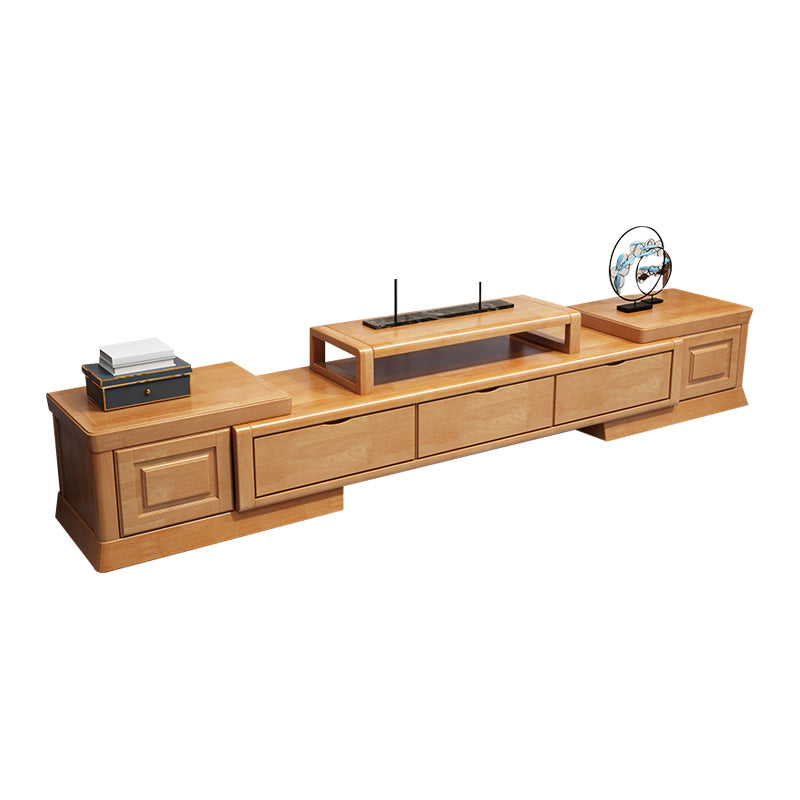 Consola multimedia vintage de madera de caucho con estantes abiertos y cajones