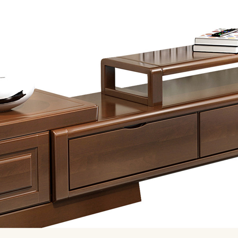 Consola multimedia vintage de madera de caucho con estantes abiertos y cajones
