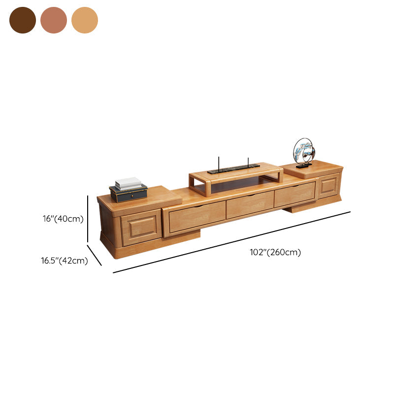 Consola multimedia vintage de madera de caucho con estantes abiertos y cajones