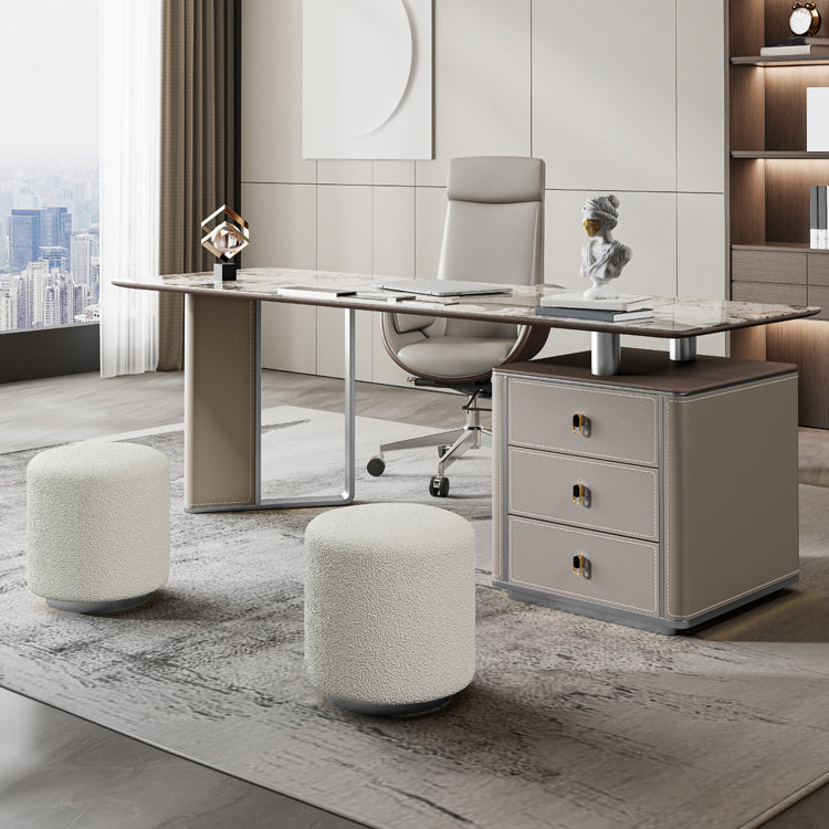 Stone Rectangular Writing Desk Modern 29.53" Tall Office Desk with Drawers 63"L x 27.6"W x 29.5"H Clearhalo 'furn' 'furn_office_desk' 'Furniture' 'Office Desks' 'Office Furniture' 'office_desk' 6632492