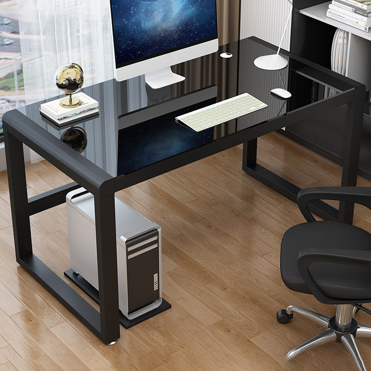 Contemporary Glass-Top Office Desk Antique Finish Computer Desk with Metal Legs Black Black Clearhalo 'furn' 'furn_office_desk' 'Furniture' 'Office Desks' 'Office Furniture' 'office_desk' 6632912
