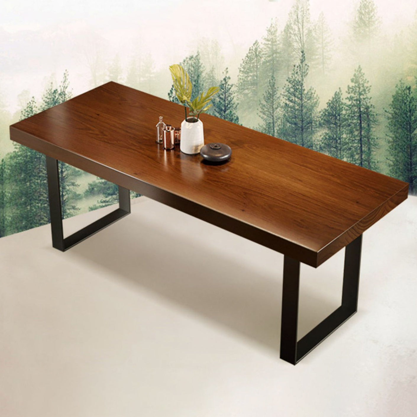 Industrial Double Pedestal Dining Table Rectangle Pine Solid Wood Dining Table