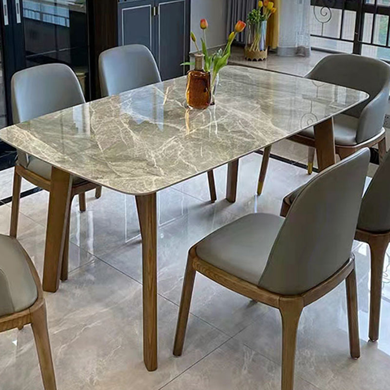 Gray Mid-Century Dining Table Stone Top Table with Wooden Base 59.1"L x 31.5"W x 29.5"H Without Chairs Clearhalo 'Dining Tables & Seating' 'Dining Tables' 'dining_table' 'furn' 'furn_dining_table' 'Furniture' 'Kitchen & Dining Furniture' 6633532