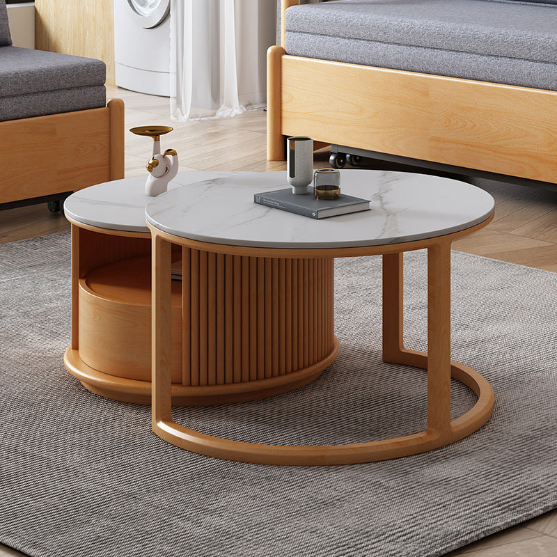 Contemporary Stone Coffee Table Round Coffee Cocktail Table with Storage Drawers 27"L x 27"W x 15"H + 22"L x 22"W x 14"H Natural Clearhalo 'Coffee & Accent Tables' 'Coffee Tables' 'coffee_tables' 'furn' 'furn_coffee_tables' 'Furniture' 'Living Room Furniture' 6637484