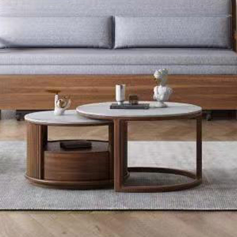 Contemporary Stone Coffee Table Round Coffee Cocktail Table with Storage Drawers 27"L x 27"W x 15"H + 22"L x 22"W x 14"H Nut-Brown Clearhalo 'Coffee & Accent Tables' 'Coffee Tables' 'coffee_tables' 'furn' 'furn_coffee_tables' 'Furniture' 'Living Room Furniture' 6637485