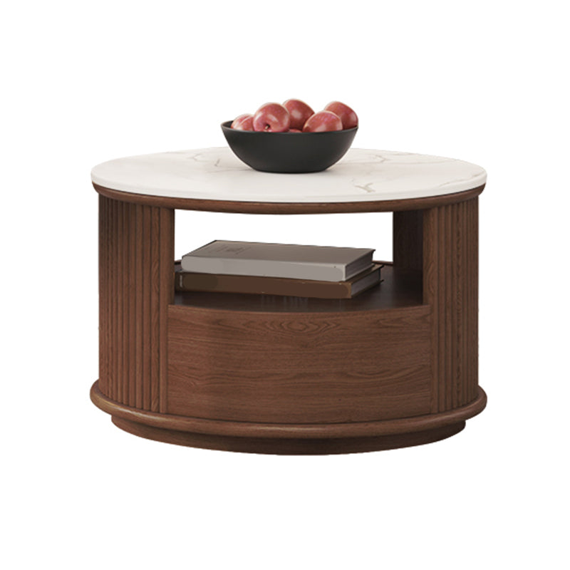 Contemporary Stone Coffee Table Round Coffee Cocktail Table with Storage Drawers 21.5"L x 21.5"W x 14"H Nut-Brown Clearhalo 'Coffee & Accent Tables' 'Coffee Tables' 'coffee_tables' 'furn' 'furn_coffee_tables' 'Furniture' 'Living Room Furniture' 6637487
