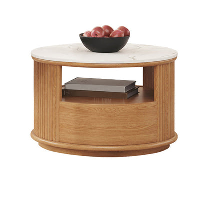 Contemporary Stone Coffee Table Round Coffee Cocktail Table with Storage Drawers 21.5"L x 21.5"W x 14"H Natural Clearhalo 'Coffee & Accent Tables' 'Coffee Tables' 'coffee_tables' 'furn' 'furn_coffee_tables' 'Furniture' 'Living Room Furniture' 6637489