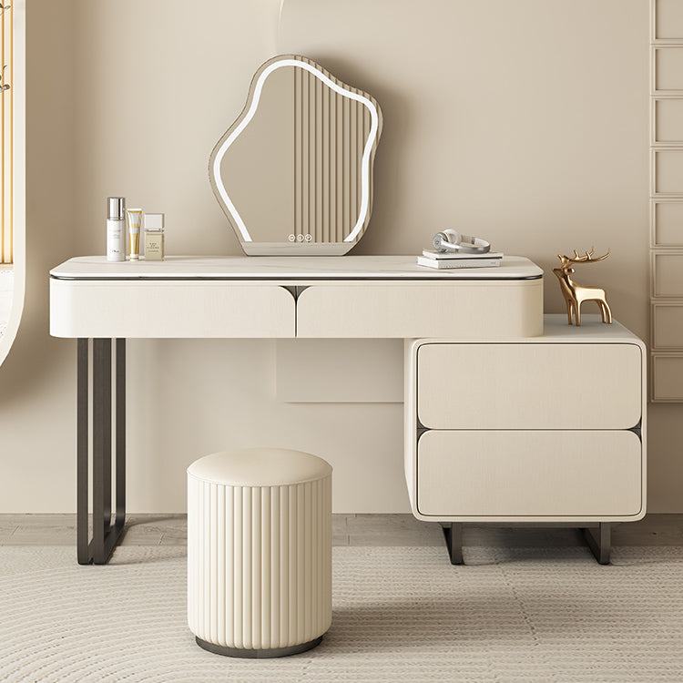 Contemporary Beige Makeup Vanity Desk with Drawers and Wooden Top