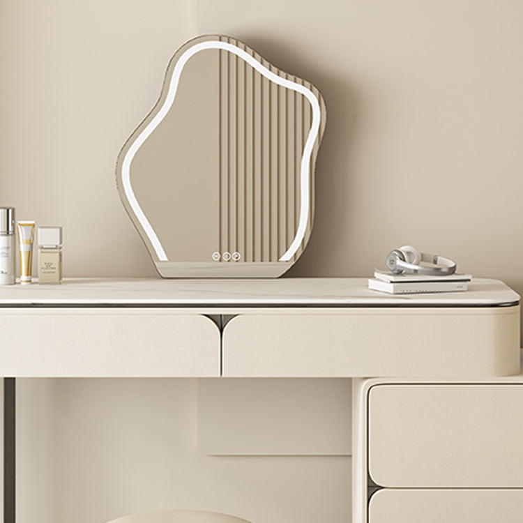 Contemporary Beige Makeup Vanity Desk with Drawers and Wooden Top