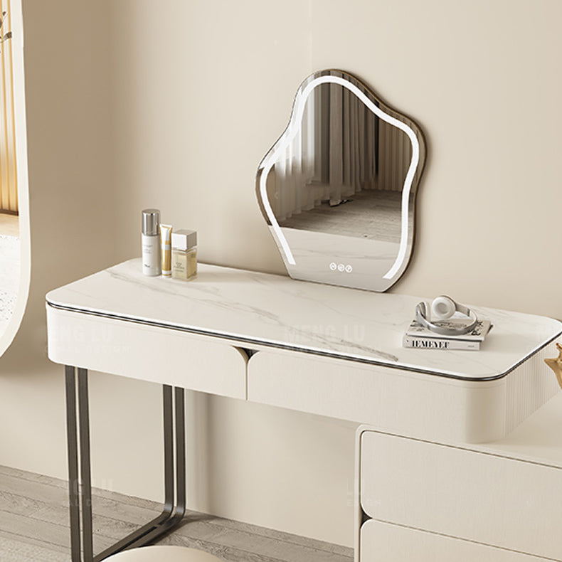 Contemporary Beige Makeup Vanity Desk with Drawers and Wooden Top