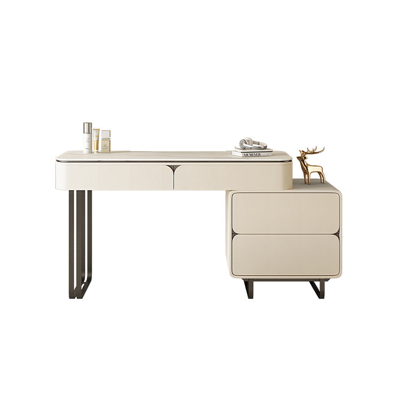 Contemporary Beige Makeup Vanity Desk with Drawers and Wooden Top