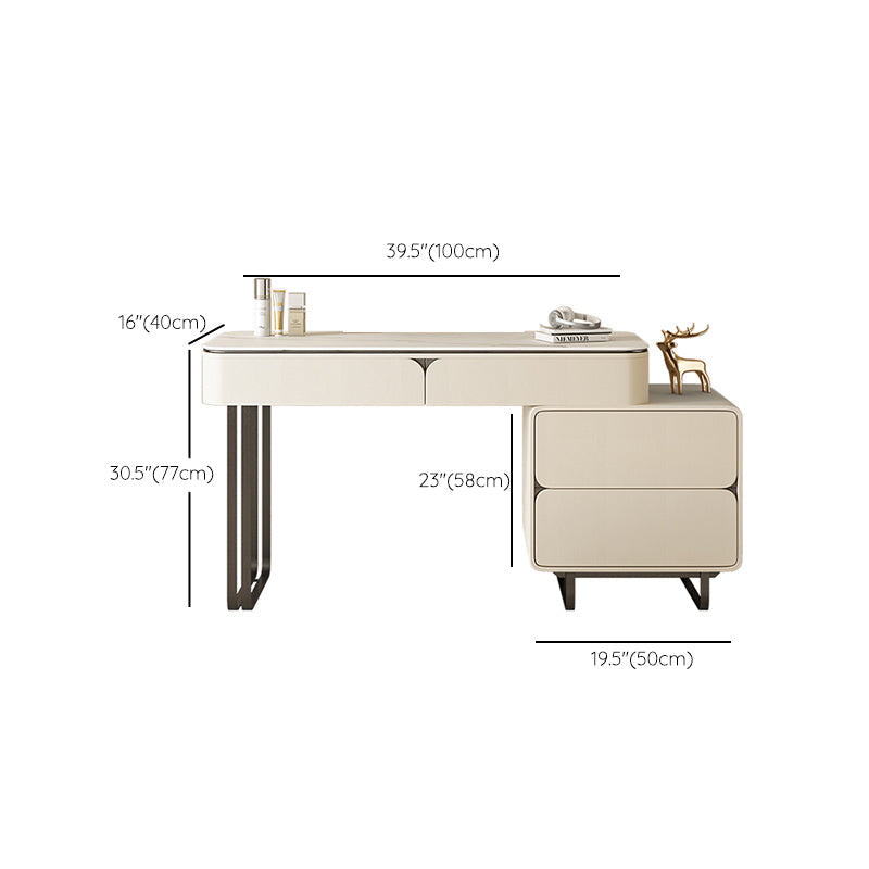 Contemporary Beige Makeup Vanity Desk with Drawers and Wooden Top