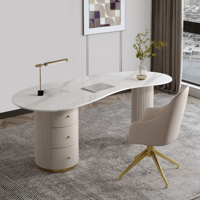 Glam Stone Writing Desk 29.53-inch Tall White Office Desk with Drawers 70.9"L x 27.6"W x 29.5"H Clearhalo 'furn' 'furn_office_desk' 'Furniture' 'Office Desks' 'Office Furniture' 'office_desk' 6647683