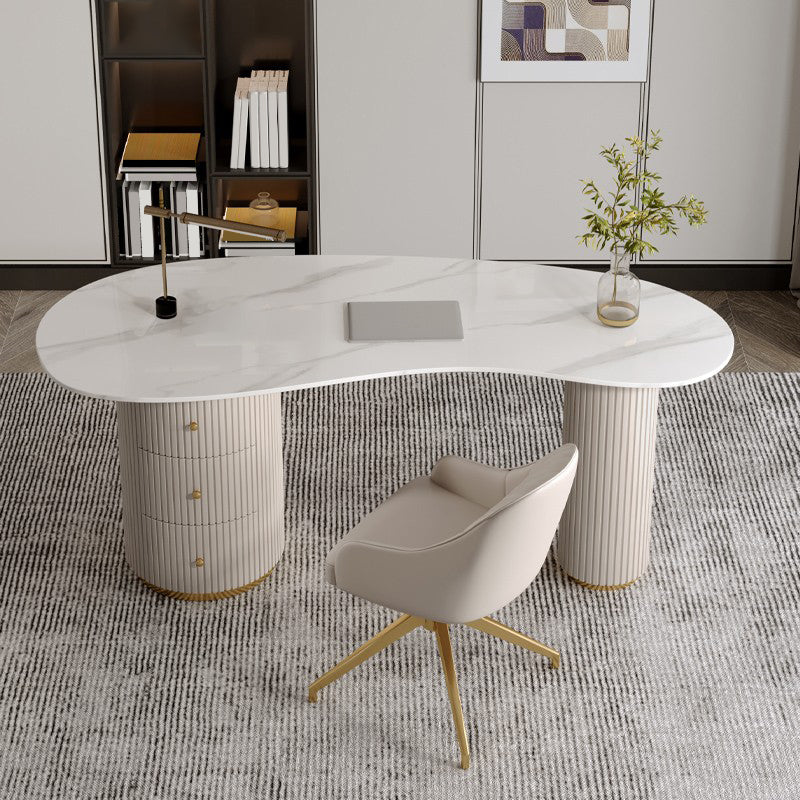 Glam Stone Writing Desk 29.53-inch Tall White Office Desk with Drawers Clearhalo 'furn' 'furn_office_desk' 'Furniture' 'Office Desks' 'Office Furniture' 'office_desk' 6647686