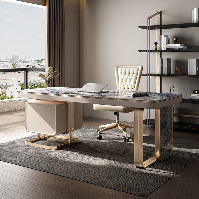Glam Stone Rectangle Writing Desk 2 Drawers 29.53" Tall Office Desk Clearhalo 'furn' 'furn_office_desk' 'Furniture' 'Office Desks' 'Office Furniture' 'office_desk' 6647787