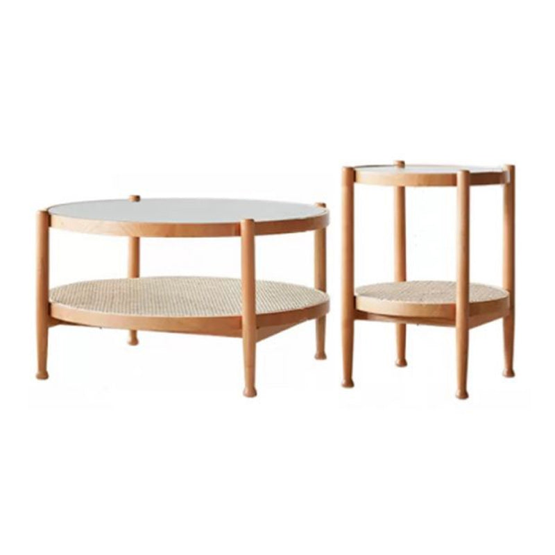 Tropical Round Cocktail Table Glass Top Coffee Cocktail Table with Shelf 35"L x 35"W x 17.7"H + 19.7"L x 19.7"W x 23.5"H Cherry Clearhalo 'Coffee & Accent Tables' 'Coffee Tables' 'coffee_tables' 'furn' 'furn_coffee_tables' 'Furniture' 'Living Room Furniture' 6649451