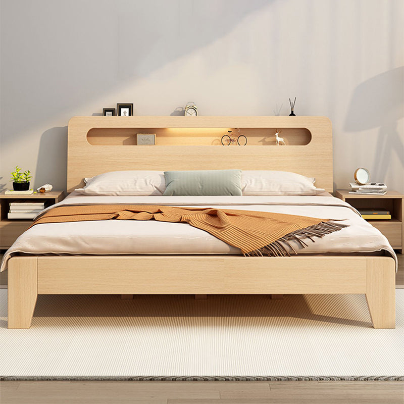 Solid Wood Beveled Standard Bed Storage Headboard Bed with Shelves