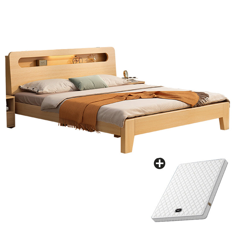 Solid Wood Beveled Standard Bed Storage Headboard Bed with Shelves