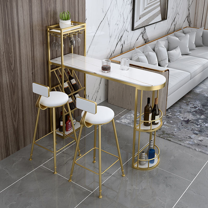 Sintered Stone Bar Table Modern Tulip Dining Table with Storage Shelves 55.1"L x 15.7"W x 41.3"H Gold Without Chairs Clearhalo 'Bar Furniture' 'Bar Tables' 'bar_tables' 'furn' 'furn_bar_tables' 'Furniture' 'Kitchen & Dining Furniture' 6650187
