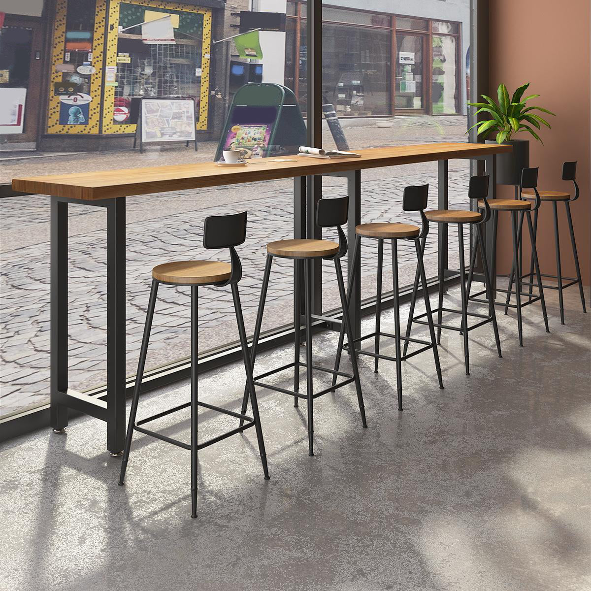 Industrial Bar Table Set 1/7 Pieces Solid Wood Rectangle Table and Stool Set 7 Pieces: Table, 7 Wood Stools Clearhalo 'Bar Furniture' 'furn' 'furn_home_bar_bar_sets' 'Furniture' 'Home Bars & Bar Sets' 'home_bar_bar_sets' 'Kitchen & Dining Furniture' 6652018