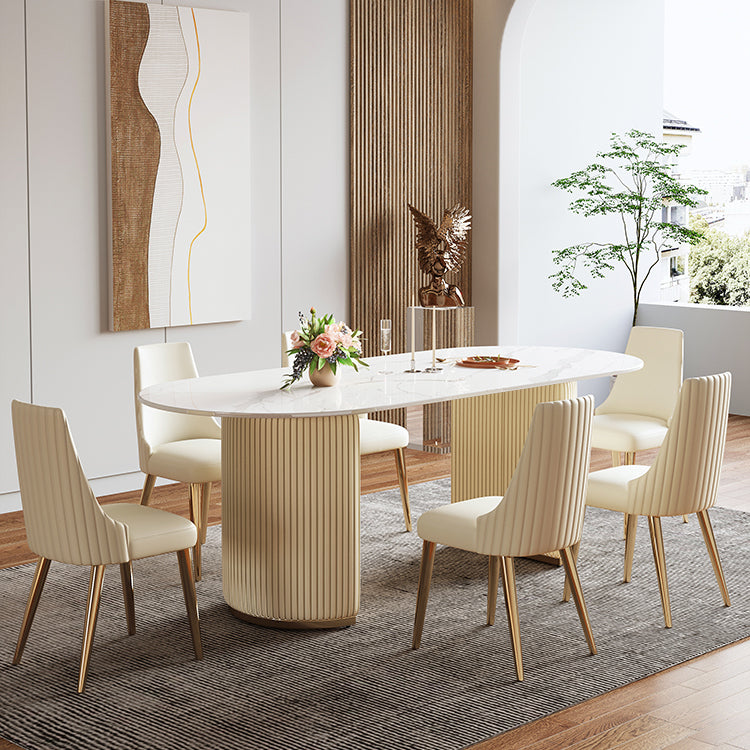 Luxury Double Pedestal Dining Table Oval Stone Top Dining Table for Dining Room 63"L x 31"W x 31"H Without Chairs Clearhalo 'Dining Tables & Seating' 'Dining Tables' 'dining_table' 'furn' 'furn_dining_table' 'Furniture' 'Kitchen & Dining Furniture' 6652954