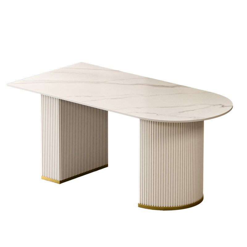 Modern Stone Dining Table White Double Pedestal Base Table for Dining Room Free Form 47.2"L x 31.5"W x 29.5"H Without Chairs Clearhalo 'Dining Tables & Seating' 'Dining Tables' 'dining_table' 'furn' 'furn_dining_table' 'Furniture' 'Kitchen & Dining Furniture' 6653298