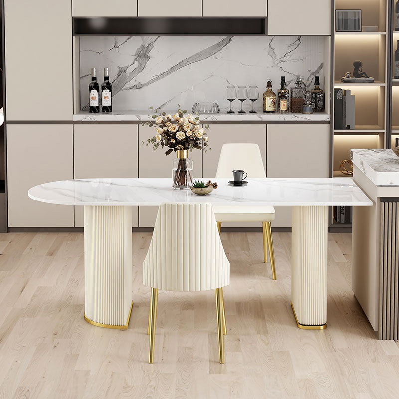 Modern Stone Dining Table White Double Pedestal Base Table for Dining Room Free Form 70.9"L x 31.5"W x 29.5"H Without Chairs Clearhalo 'Dining Tables & Seating' 'Dining Tables' 'dining_table' 'furn' 'furn_dining_table' 'Furniture' 'Kitchen & Dining Furniture' 6653299
