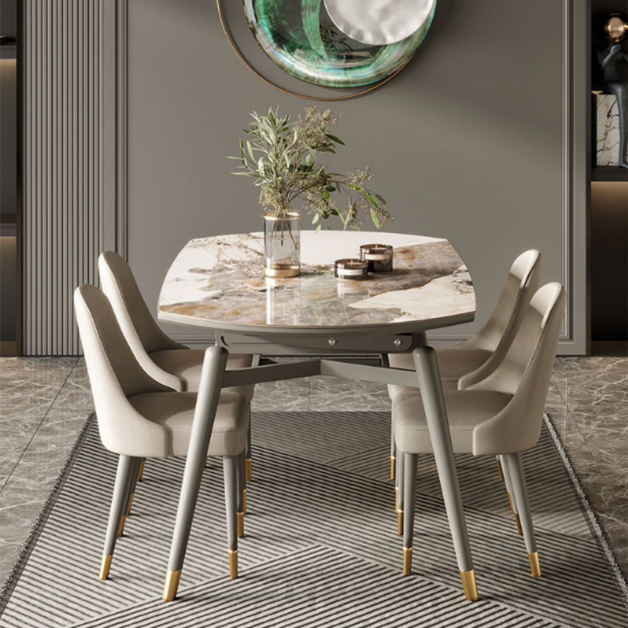 Moderne ronde eettafel van gesinterde stenen tafel met houten poten voor thuisgebruik