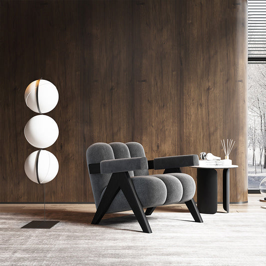 Mid-Modern Century Wood Lounge Chair Sewn Pillow Back Sled Arm Chair in Gray