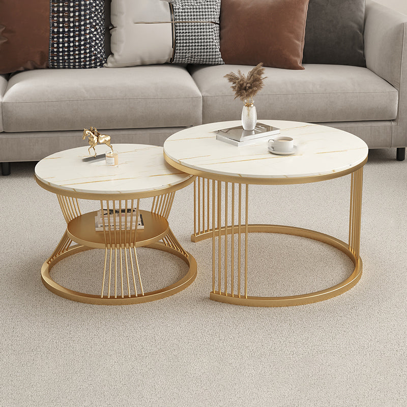 Metal and Slate Coffee Table Glam Round Frame Coffee Table Set White Gold Clearhalo 'Coffee & Accent Tables' 'Coffee Tables' 'coffee_tables' 'furn' 'furn_coffee_tables' 'Furniture' 'Living Room Furniture' 6654789