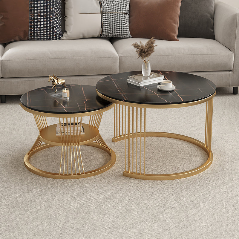 Metal and Slate Coffee Table Glam Round Frame Coffee Table Set Black Gold Clearhalo 'Coffee & Accent Tables' 'Coffee Tables' 'coffee_tables' 'furn' 'furn_coffee_tables' 'Furniture' 'Living Room Furniture' 6654790