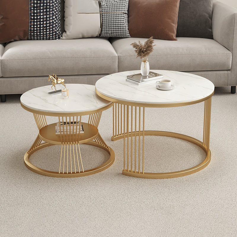 Metal and Slate Coffee Table Glam Round Frame Coffee Table Set Ivory Gold Clearhalo 'Coffee & Accent Tables' 'Coffee Tables' 'coffee_tables' 'furn' 'furn_coffee_tables' 'Furniture' 'Living Room Furniture' 6654793