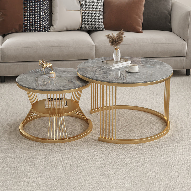 Metal and Slate Coffee Table Glam Round Frame Coffee Table Set Grey Gold Clearhalo 'Coffee & Accent Tables' 'Coffee Tables' 'coffee_tables' 'furn' 'furn_coffee_tables' 'Furniture' 'Living Room Furniture' 6654794