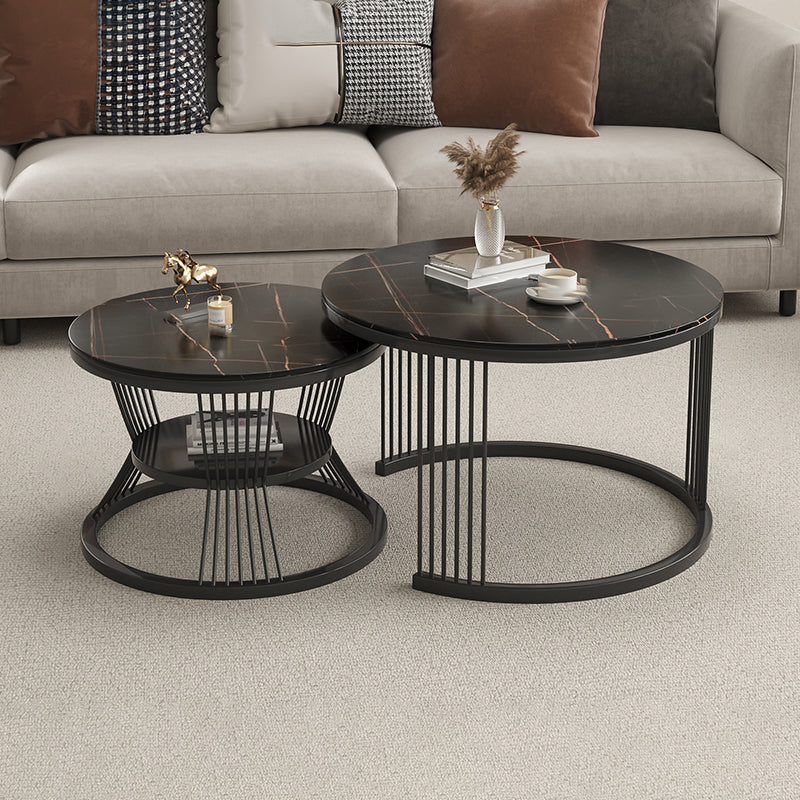 Metal and Slate Coffee Table Glam Round Frame Coffee Table Set Black Black Clearhalo 'Coffee & Accent Tables' 'Coffee Tables' 'coffee_tables' 'furn' 'furn_coffee_tables' 'Furniture' 'Living Room Furniture' 6654798