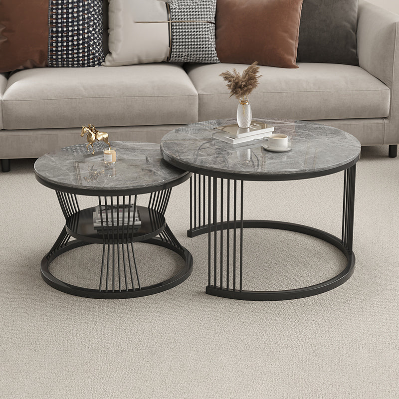 Metal and Slate Coffee Table Glam Round Frame Coffee Table Set Grey Black Clearhalo 'Coffee & Accent Tables' 'Coffee Tables' 'coffee_tables' 'furn' 'furn_coffee_tables' 'Furniture' 'Living Room Furniture' 6654802