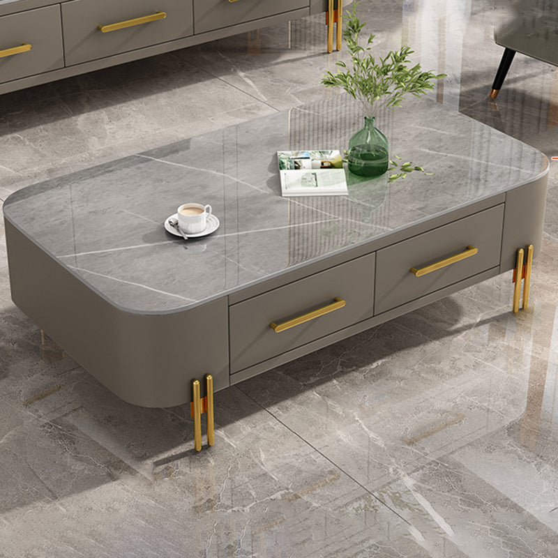 Modern Metal 4 Legs Cocktail Table Rectangle Slate Coffee Table with 2 Drawers