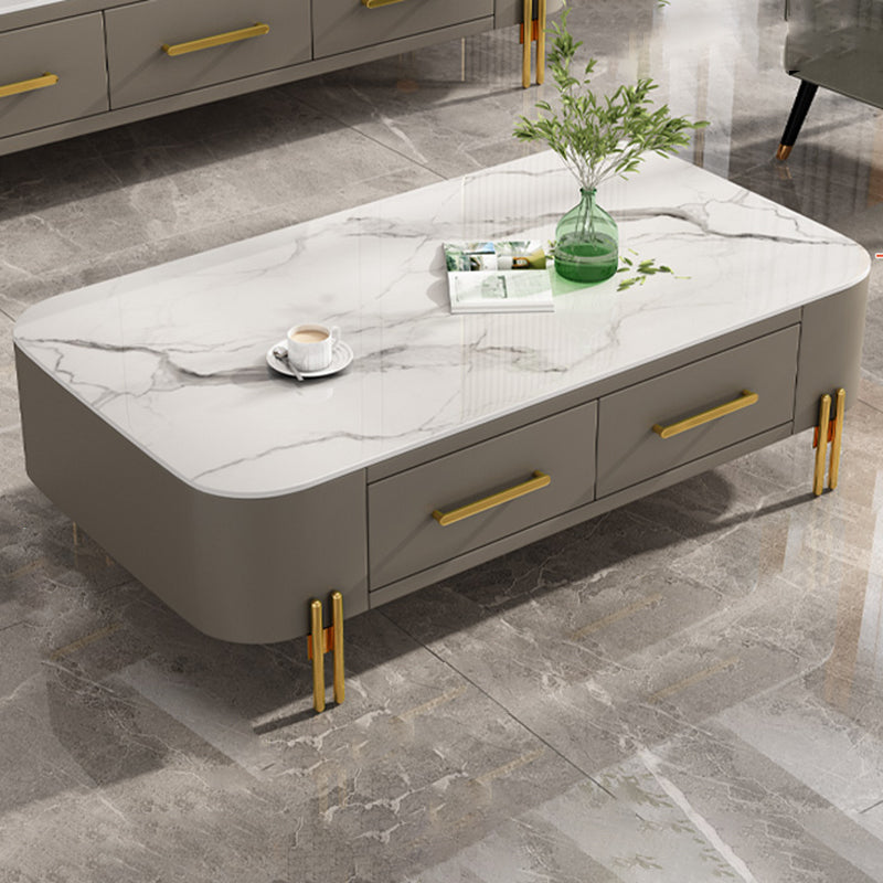 Modern Metal 4 Legs Cocktail Table Rectangle Slate Coffee Table with 2 Drawers
