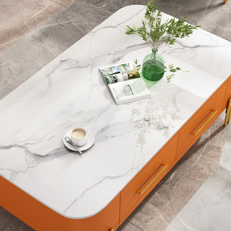Modern Metal 4 Legs Cocktail Table Rectangle Slate Coffee Table with 2 Drawers