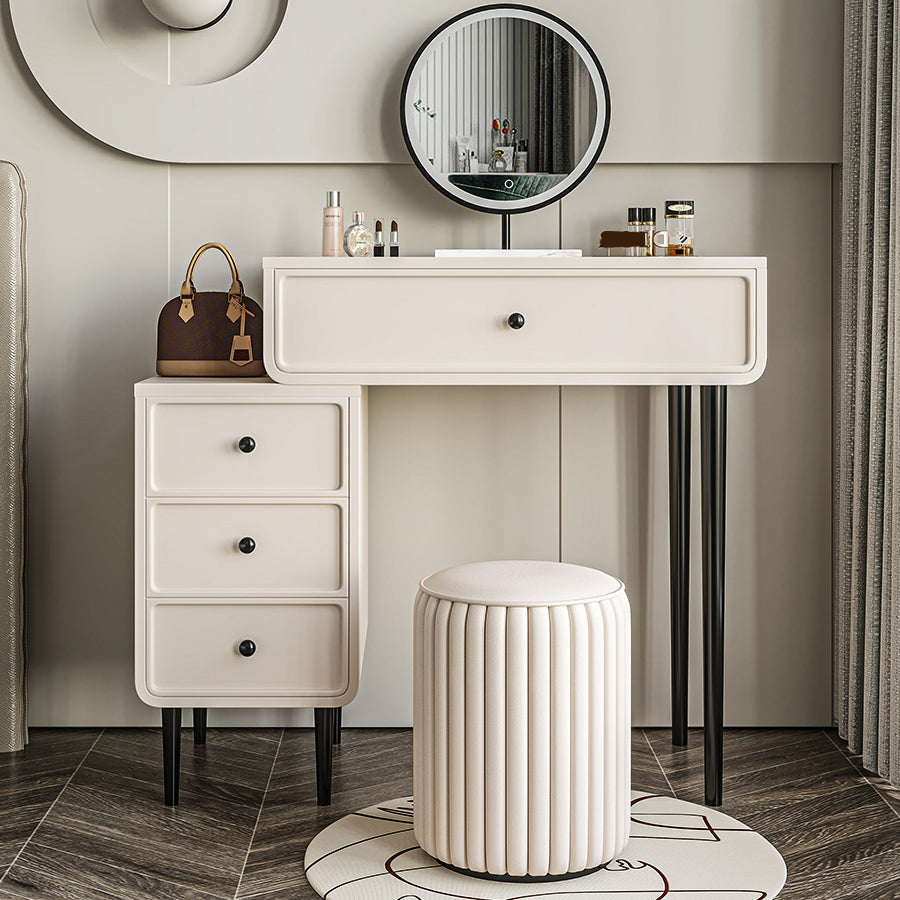 Vanity di trucco da tavolo in legno bianco bianco contemporaneo con cassetti
