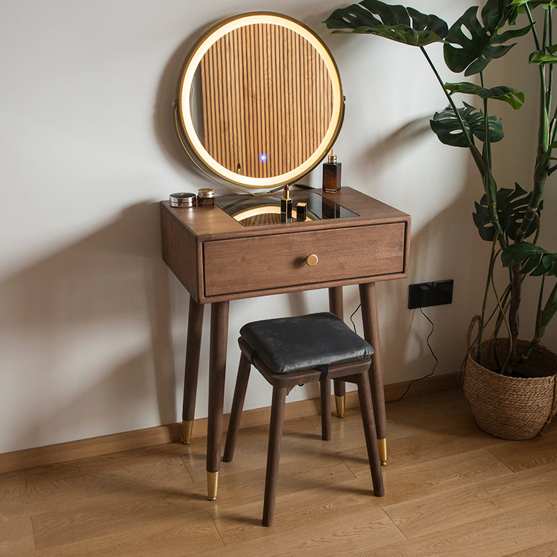 Vanity di trucco contemporaneo con cassetti in legno di gomma marrone