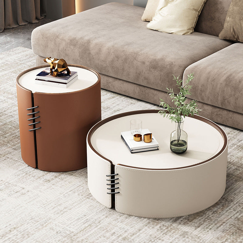 Contemporary Round Coffee Table Leather and Stone Coffee or End Table Drum 31.5"L x 31.5"W x 12"H + 20"L x 20"W x 20"H Leather Drawers Not Included Clearhalo 'Coffee & Accent Tables' 'Coffee Tables' 'coffee_tables' 'furn' 'furn_coffee_tables' 'Furniture' 'Living Room Furniture' 6655750