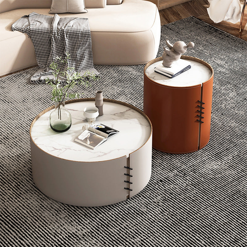 Contemporary Round Coffee Table Leather and Stone Coffee or End Table Drum Clearhalo 'Coffee & Accent Tables' 'Coffee Tables' 'coffee_tables' 'furn' 'furn_coffee_tables' 'Furniture' 'Living Room Furniture' 6655753